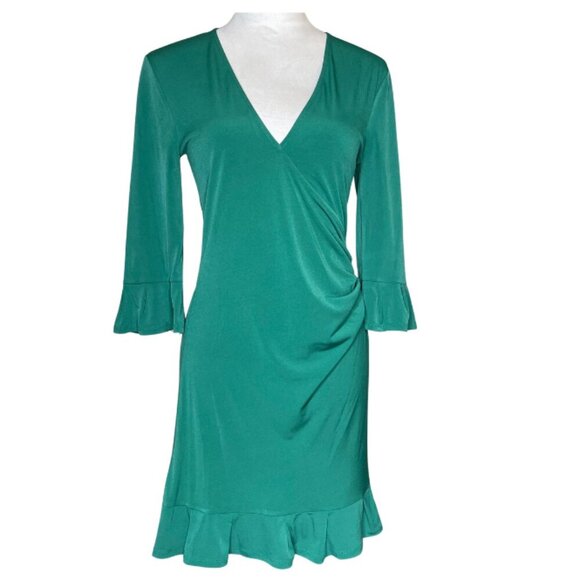 BCBGeneration Green Wrap Tie Ruffled V Neck 3/4 Sleeve Dress Sz Medium Occasion - Picture 1 of 8